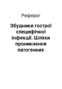 Реферат: Збудники гострої специфічної інфекції. Шляхи проникнення патогенних мікроорганізмів у організм людини та механізми їх агресії. Механізми захисту людини. Патогенез інфекції