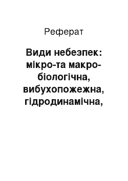 Реферат: Види небезпек: мікро-та макро-біологічна, вибухопожежна, гідродинамічна, пожежна, радіаційна, фізична, хімічна, екологічна